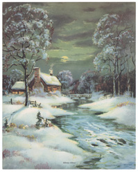 Vintage calendar art of landscapes, village scenes, etc.